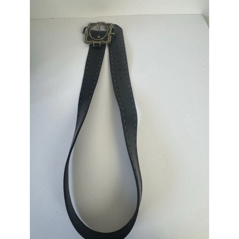 Vintage Black Leather Wide Belt Brass Tone Statement Buckle Boho Western Style